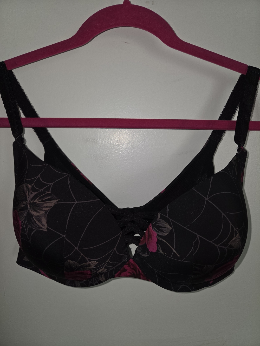 torrid Black Pushup Plunge Bra with Pink Floral Lace-Up Detail